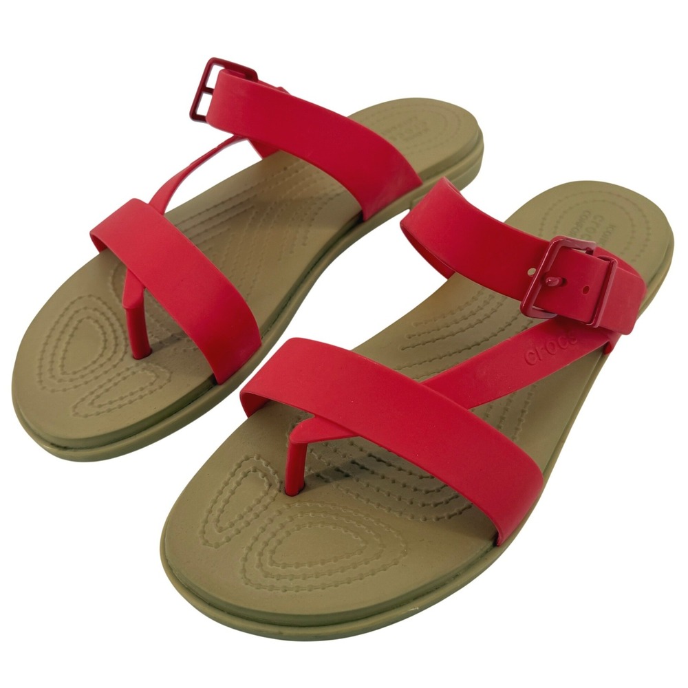 Crocs Tulum Toe Post Sandal Red Tan Women 9 Strappy Slip On Flip Flop Buckle New